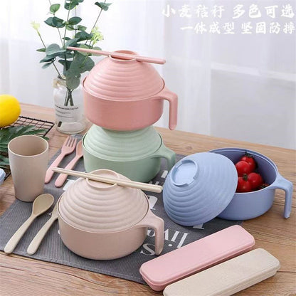 Wheat Straw Instant Noodle Bowl with Lid Tableware Student Dormitory Bowl Chopsticks Fork Spoon Set Instant Noodle Bowl with Lid