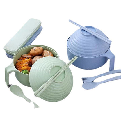 Wheat Straw Instant Noodle Bowl with Lid Tableware Student Dormitory Bowl Chopsticks Fork Spoon Set Instant Noodle Bowl with Lid