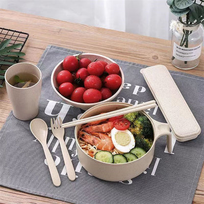Wheat Straw Instant Noodle Bowl with Lid Tableware Student Dormitory Bowl Chopsticks Fork Spoon Set Instant Noodle Bowl with Lid
